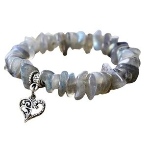 Silvertone & Grey Labradorite Gemstone Stretch Bracelet with Heart Charm
